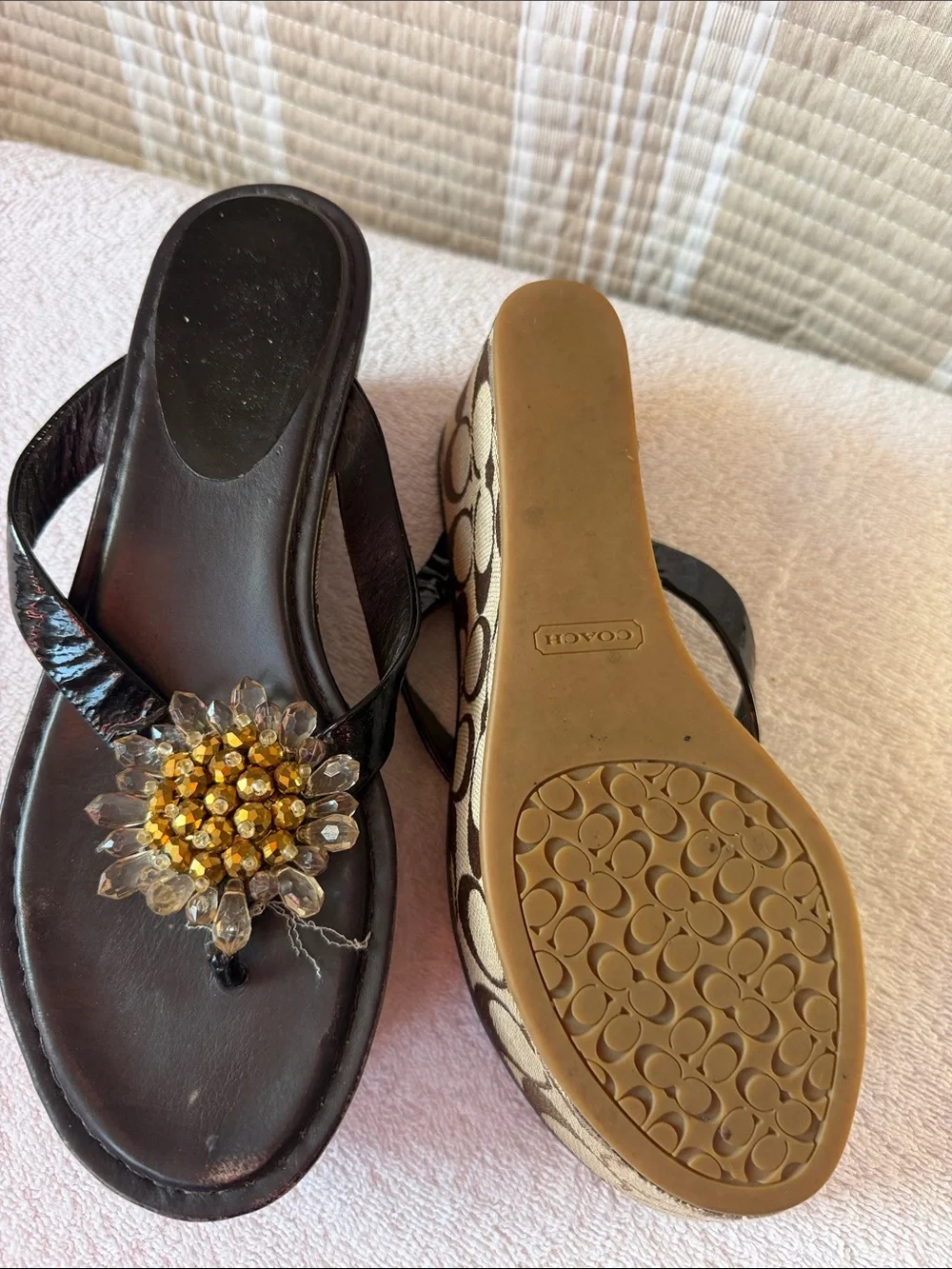 Coach Brown Signature Platform Wedge Sandals with Gold Bead Detail